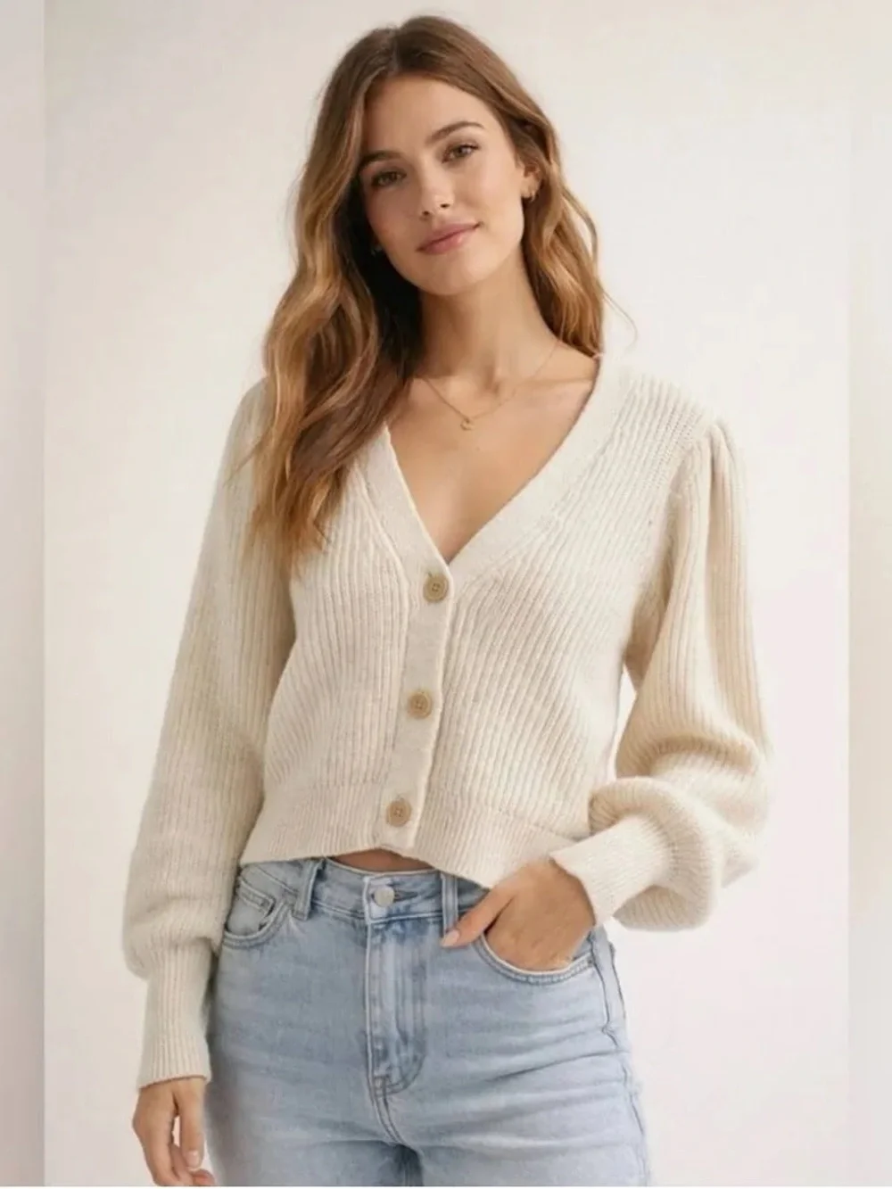 Aerie V-Neck Button Cardigan with Subtle Puff Sleeves - Picture 3 of 7